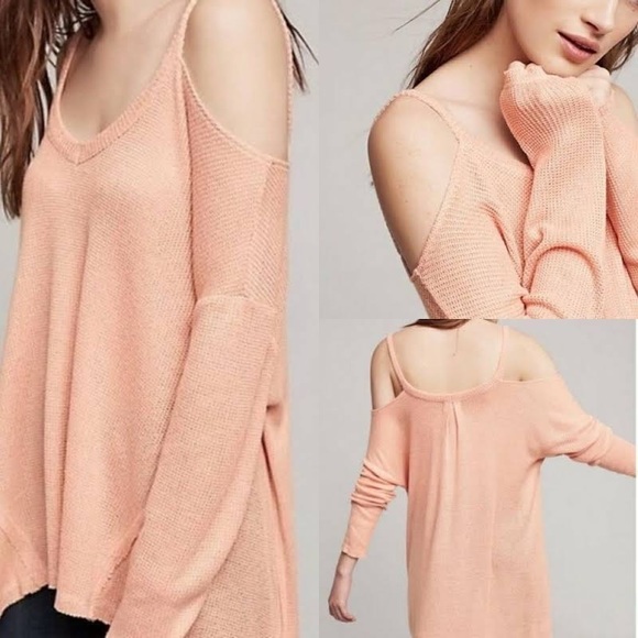 Anthro Deletta Pastel Pink Cold Shoulder Waffle Knit Sweater Top - Picture 3 of 6